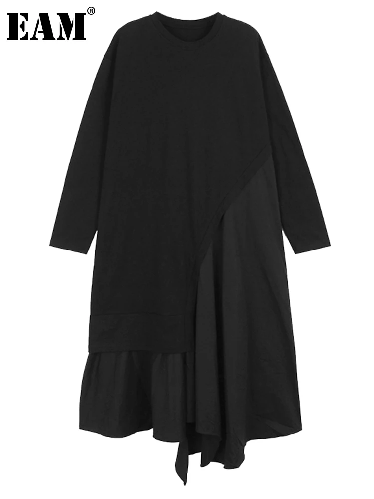 

[EAM] Women Blue Ruffles Big Size Long Dress New Round Neck Long Sleeve Loose Fit Fashion Tide Spring Autumn 2023 1DH0401
