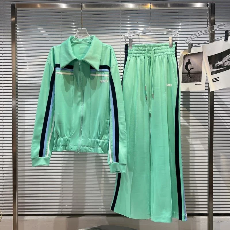 

Женский весенний комплект из двух предметов: пальто на молнии с лацканами и полосатые брюки с широкими штанинами и эластичным поясом