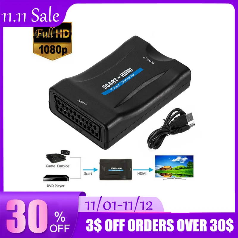 

1080p Scart To HDMI-compatible Video Audio Upscale Converter For Hd Tv Dvd For Sky Box Stb Plug And Play Dc Cable
