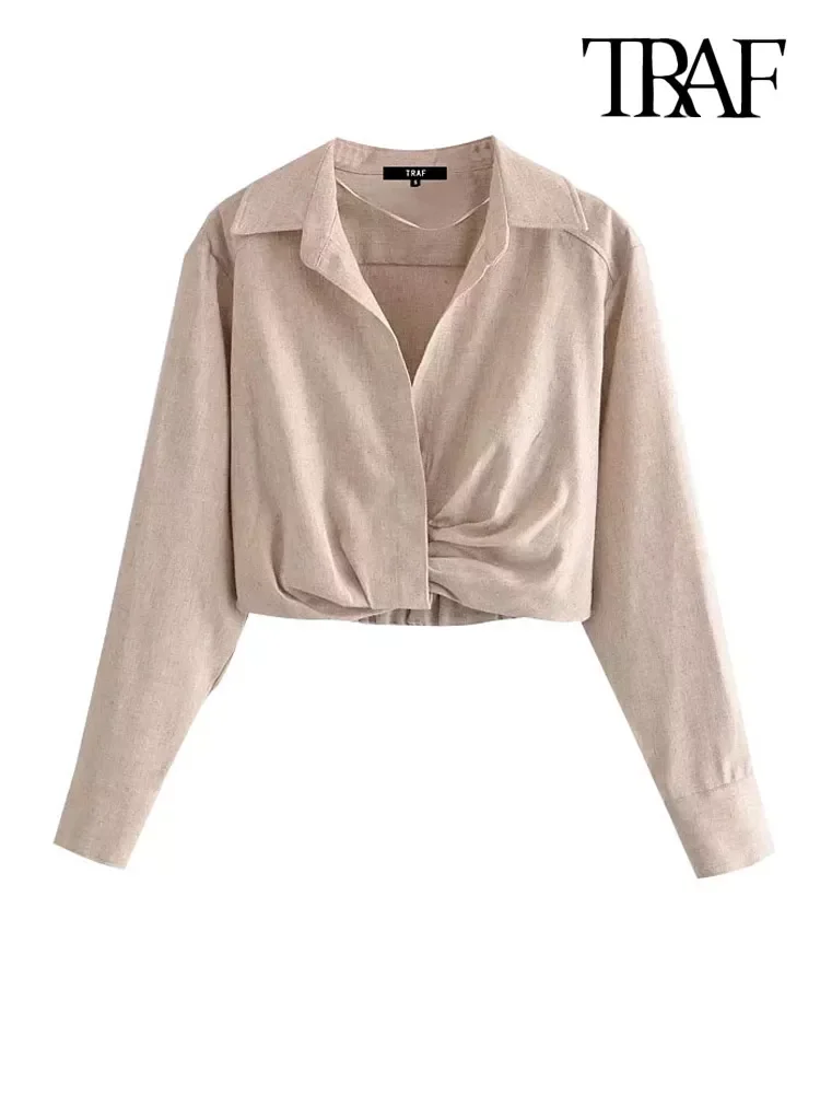 

TRAF Women Fashion With Pleats Linen Cropped Blouses Vintage Long Sleeve Side Zipper Elastic Hem Female Shirts Chic Top