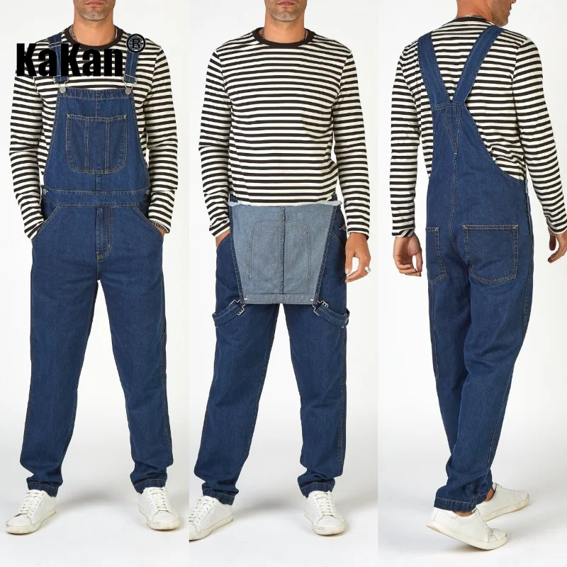 Kakan - New Street Trendy Men's Strap Jeans From Europe and America, Dark Blue One Piece Strap Jeans K34-777