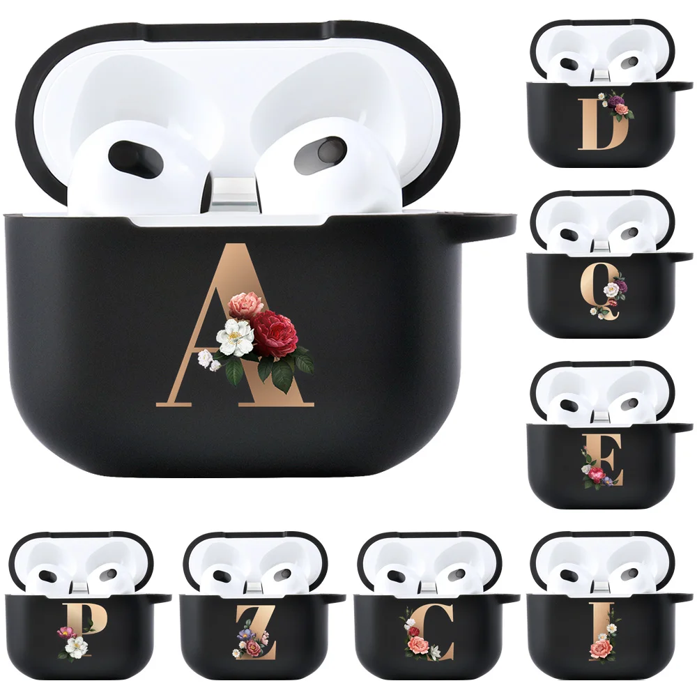 Чехол для Airpods 2 3 Pro Черный силиконовый чехол с цветочным золотым инициалом