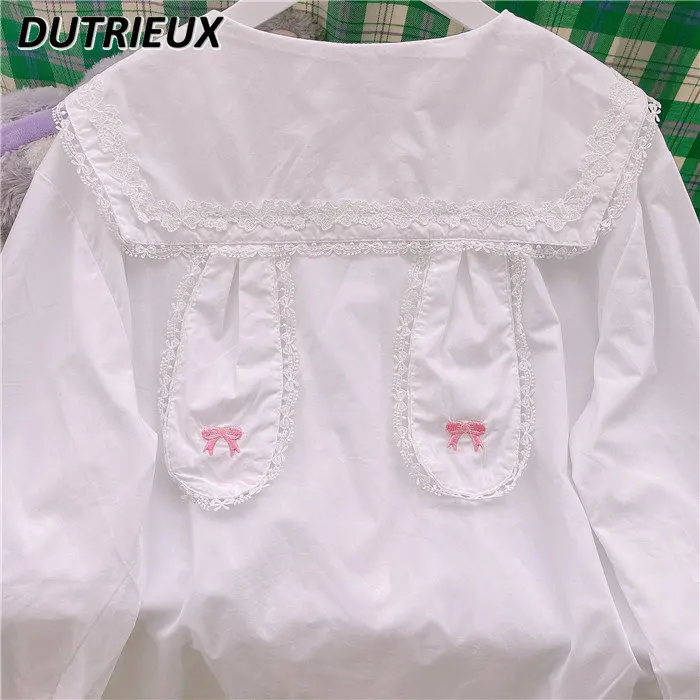 

2023 New Spring Doll Collar Long Sleeve Shirt Bow Rabbit Ears with The White Collar Blouse Top French Young Girls Sweet Blusas