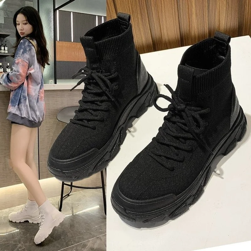 

Women's Shoes Fashion Handsome Lace-Up Breathable Black Platform Boots Heightening Non-Slip Waterproof Soft Boots Botas Mujer