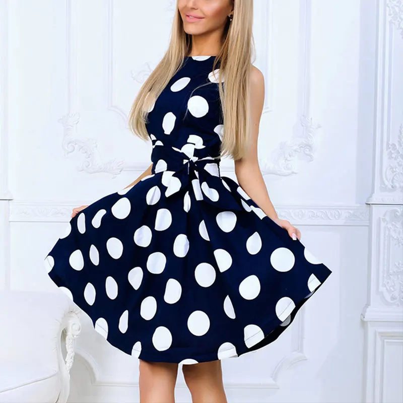 

2023 Ladies Elegant Prom Chic Casual DressWomen Vintage Dot Print Party Dress Female Short Sleeve O Neck A-line Midi Dress
