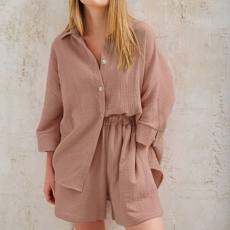 

Повседневные женские костюмы, хлопковая рубашка, топы с длинным рукавом и шорты, мягкая удобная одежда для сна, зеленая и Розовая домашняя одежда, женский наряд