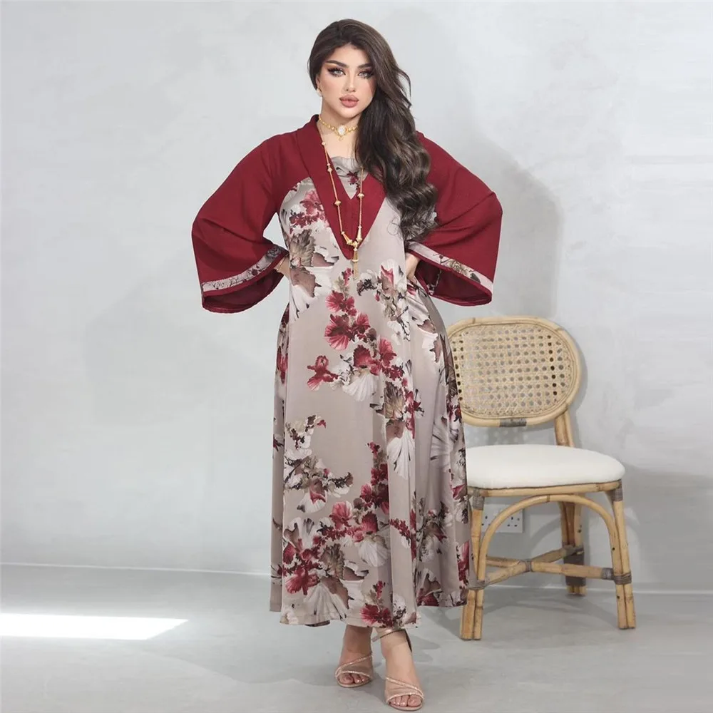 

Eid Party Women Abaya Muslim Floral Print Loose Maxi Dress Turkey Arab Kaftan Dubai Ramadan Islam Gown Moroccan Jalabiya Caftan