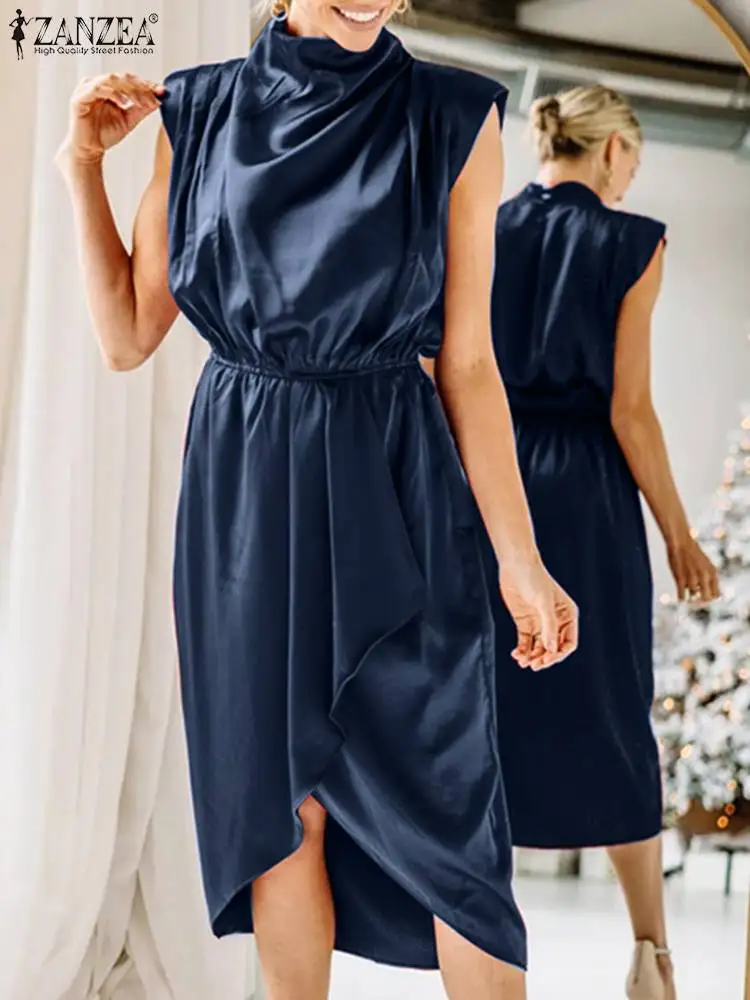 

Платье ZANZEA женское атласное с разрезом на подоле, элегантный повседневный однотонный Асимметричный Сарафан, офисная одежда без рукавов, на ...