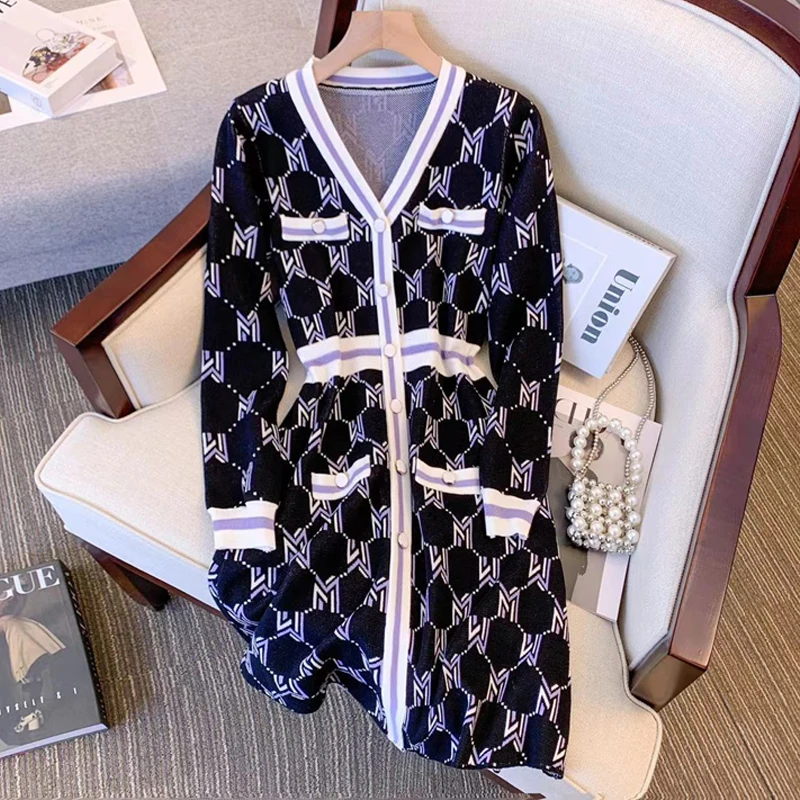 

Polo Collar Comfortable Short-Sleeved Autumn New Women'S Beautiful Striped Print High Waist Temperament Fashion Wool Dress
