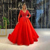 romantic red tulle evening dress v neck with appliques full sleeves long prom gowns floor length for formal party invite women