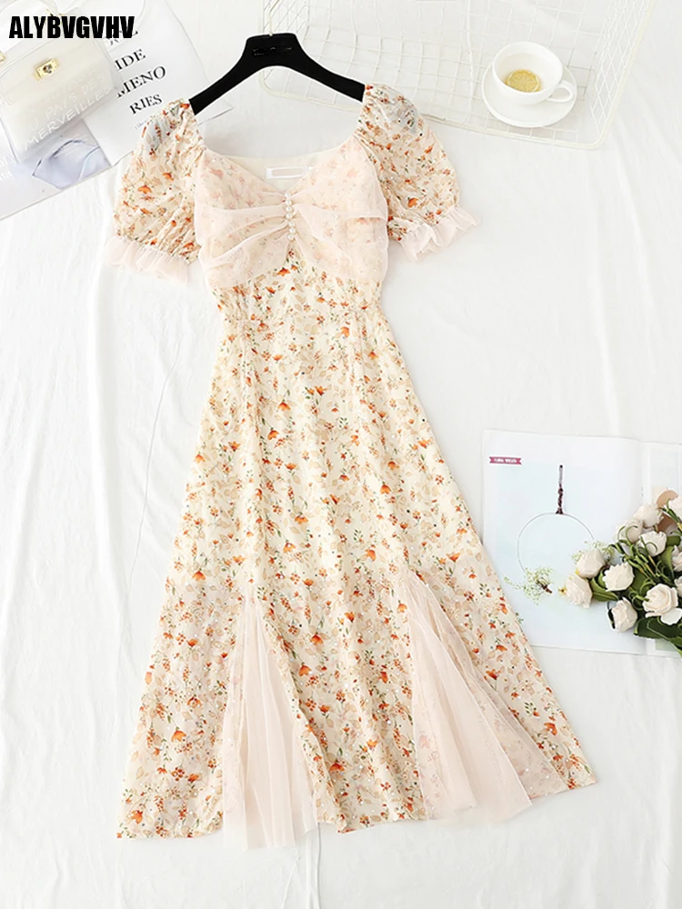 

2022 Summer Dress Women Sweet Mesh Patchwork Chiffon A-line Party Dress Korean Short Sleeve V neck Floral Dresses alybvgvh