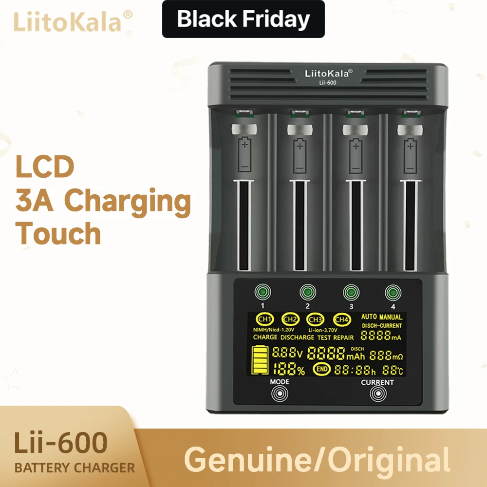 

LiitoKala Lii-600 Battery Charger For Li-ion 3.7V and NiMH 1.2V Battery Suitable for 18650 26650 21700 26700 18500 AA AAA 12V 5A