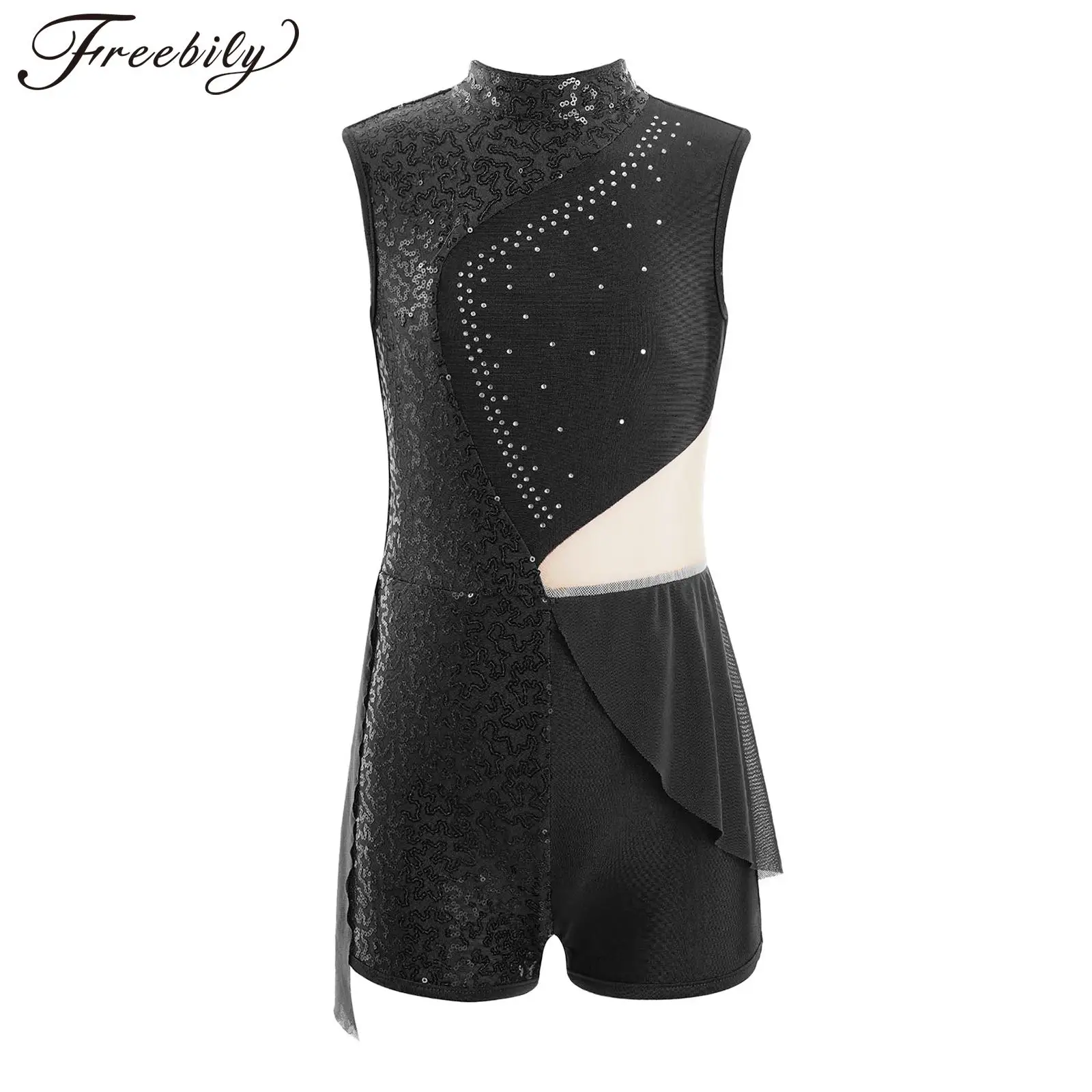 

Kids Girls Sleeveless Sheer Mesh Ballet Dance Leotard Round Neck Sequins Decor Patchwork Style Gymnastics Bodysuit Dancewear