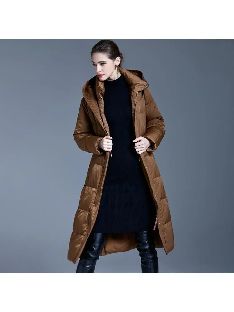 2022 Winter New Style Black X-Long 90 White Duck Down Coats Women's Hooded Lace Up Loose Thicked Padded Warmer Jackets