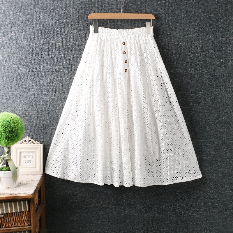 

Summer Solid Hollow Skirt Women Casual Elastic Waist Skirts AR04