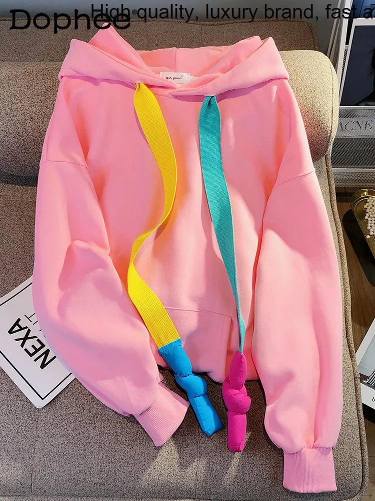 

Style Sense Korean Color Ribbon Hoodie Coat 2023 Spring and Autumn New Loose Leisure Slimming Mid-Length Sweatshirt Hoodies Top
