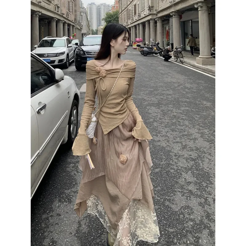 

Korean Fashion Skirt Sets Women Cute Flower Long Sleeve Oblique Collar Top+Irregular Maxi Skirt 2pcs Sets 2023 Spring Summer