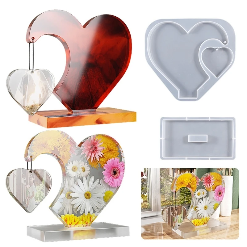 

Heart Photo Frame Silicone Mold with Base Semi-stereoscopic Love Splicing Epoxy Resin Casting Pendant Mold Suitable for Crafts