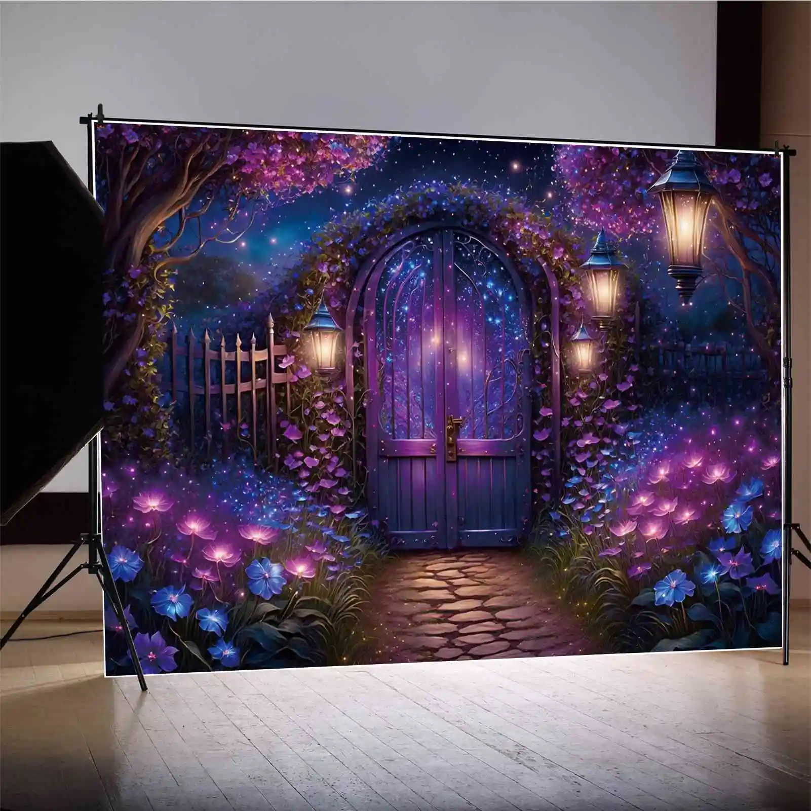 

Задний фон MOON.QG для девочек, сказочное украшение для дня рождения, Фотофон на заказ для детей, Фиолетовый Синий цветок, арка, дверь, реквизит для фотосъемки