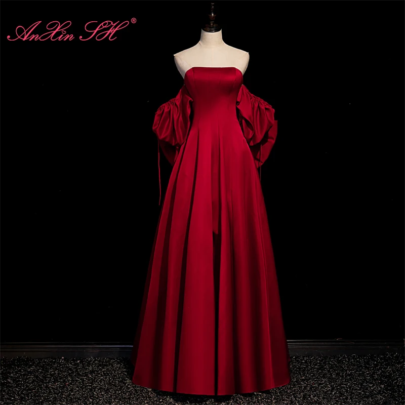 

Женское атласное вечернее платье AnXin SH Queen, винно-красное французское ретро платье с вырезом лодочкой, большим бантом и пышными рукавами, ТРАПЕЦИЕВИДНОЕ вечернее платье на шнуровке для невесты