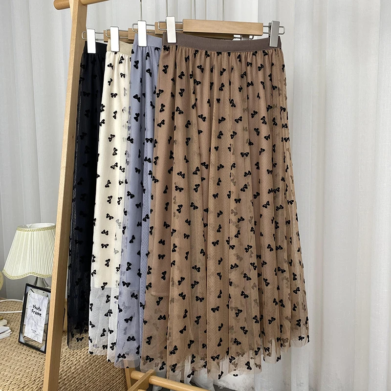 

Flocking Bows Skirts Voile High Waist Elastic Jupe Tulle Mujer Faldas Autumn Long Mesh Skirt Casual Women Clothes Dropshipping