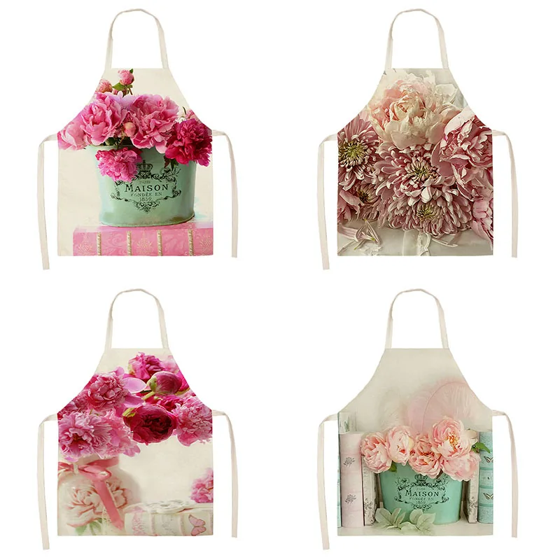 

1 piece Nordic flower Pattern Kitchen Sleeveless apron Linen bib Home Women's Cleaning apron Home Cooking apron 47X38CM 68X55CM
