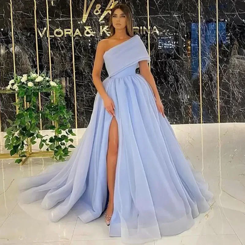 

2023 Sky Blue Organza Formal Evening Dresses One Shoulder Sexy Side Split Puff Tulle Long Party Dress A-Line Prom Dresses