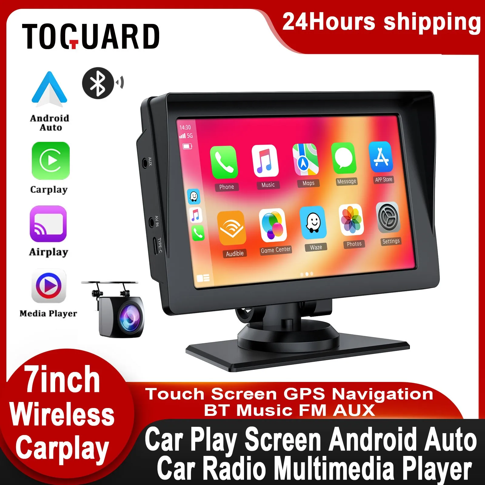 

TOGUARD 7" Car Play Screen Wireless Carplay Android Auto Car Stereo Bluetooth Music GPS Tracking Touch Screen With Reverse Cam