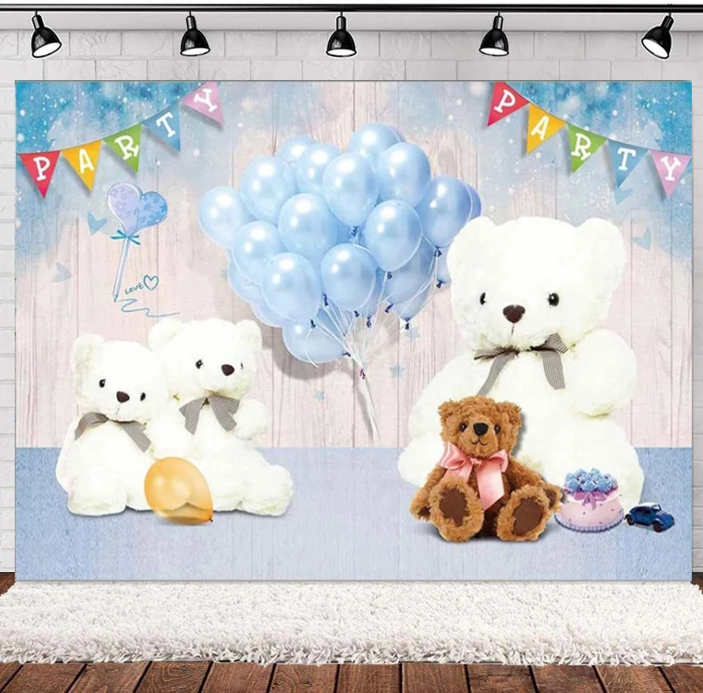 

Toy Bear Photography Backdrop For Girl Boy Baby Shower Birthday Party Blue Balloons Wooden Board Decorations Banner Background