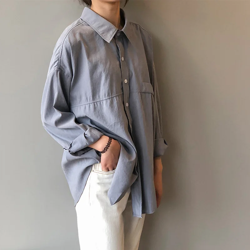 

Shirts Women Lantern Sleeve Loose Turn-down Collar Simple Solid Feminino Blouses Minority Korean Style Autumn All-match Fashion