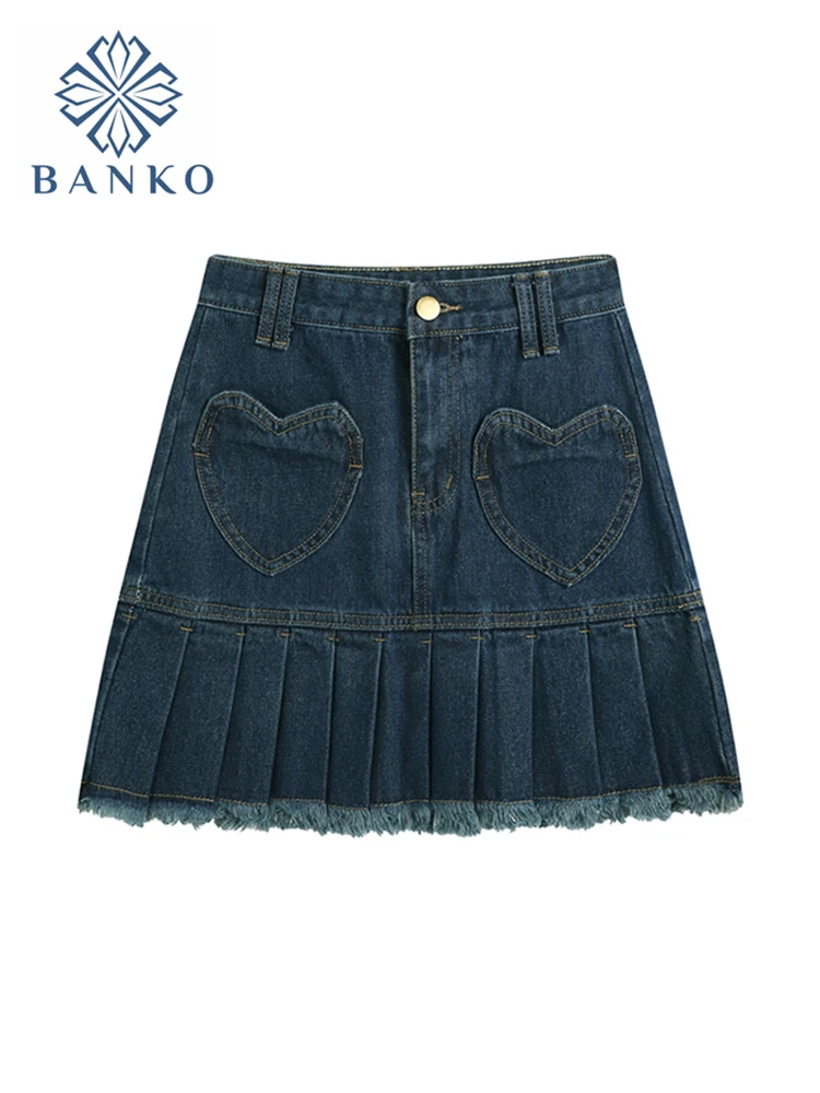

High Waist Y2k Pleated Denim Skirt Women Casual Love Graphic Pocket Blue Washed Mini Skirt Summer 2021 Streetwear E-girl Outfits