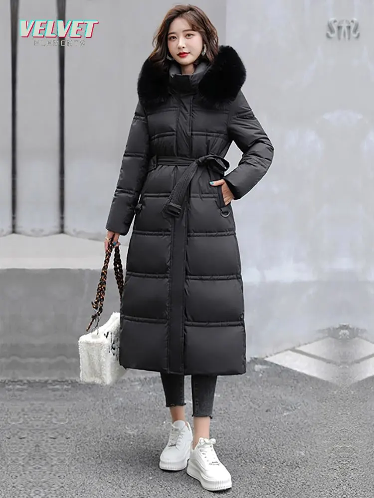 VE 2023 Winter Long Parkas for Women Hooded Fur Collar High Quality Warm Thick Female Coat Snow Wear Jacket Clothes With Belt