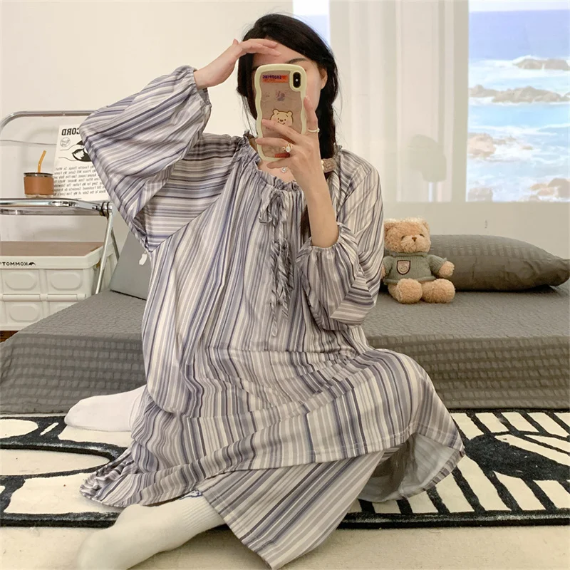 CAIYIER 2023 Winter Women Stripe Print Nightwear Longer Coat Trousers Sleepwear Loose Two Piece Set Pyjamas Korean Girl Homewear