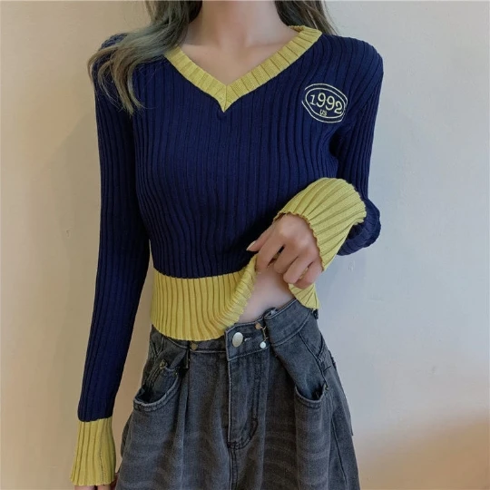 

Navy 2022 Short Pullover Girl Woman Women Sweater V-Neck Knit Tops Tight Women's Sweaters Fall Spring Top Coat Cloth Suétere