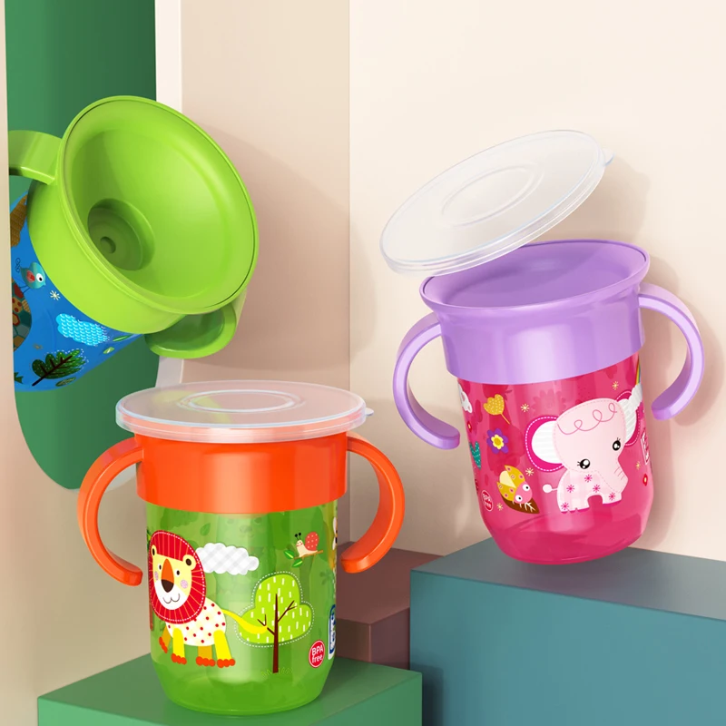360 Rotated Cartoon Baby Learning Drinking Cup with Double Handle Flip Lid Leakproof Infants Water Cups Bottle BPA Free