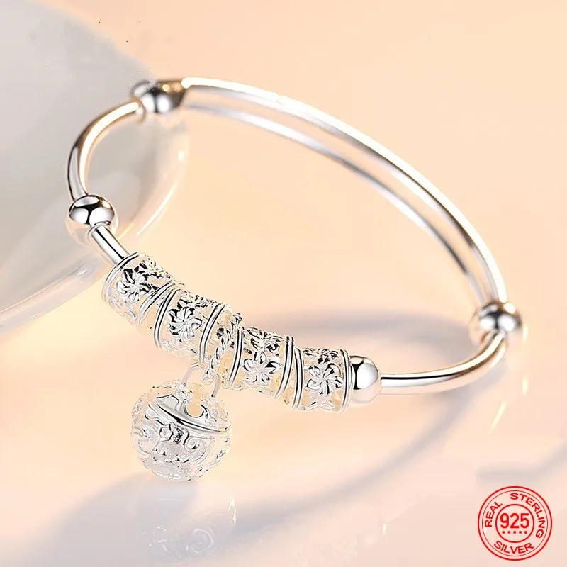 

Fine 925 Sterling Silver Hollow Bells Ball Bangles Adjustable Bracelets For Women Fashion Holiday Gifts Party Wedding Jewelry