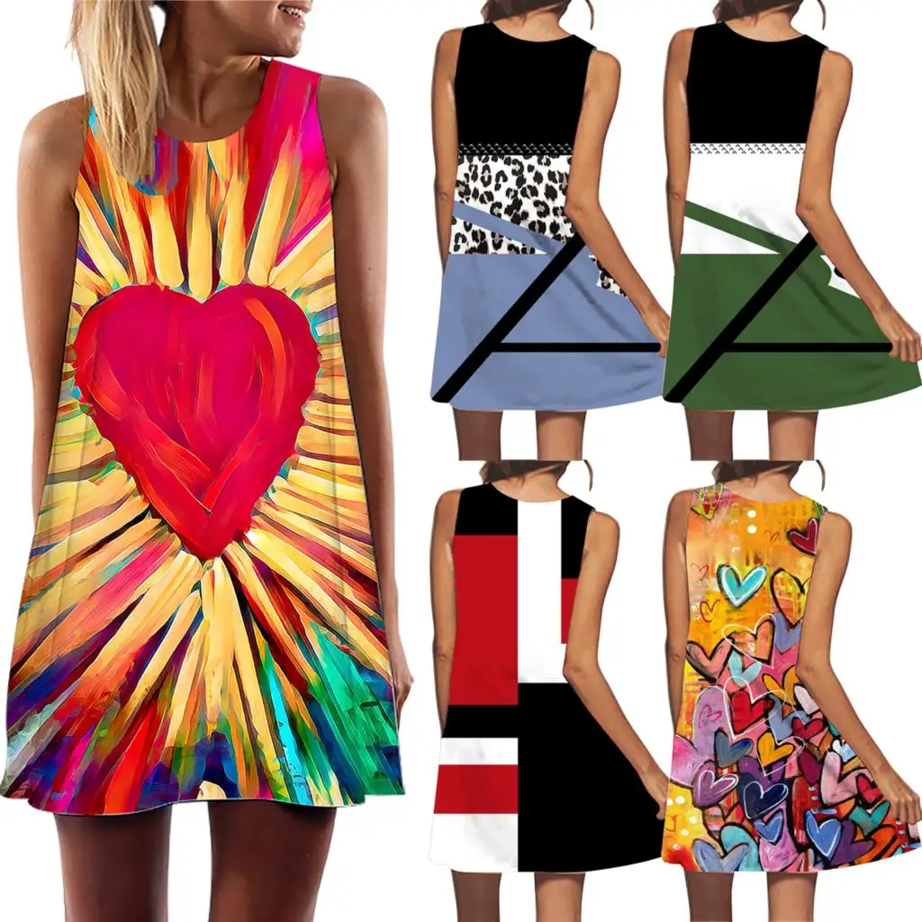 

Women Summer Mini Dress Elegant Love Heart Geometric Printed Dress Sleeveless Dresses Casual Vintage Maxi Dresses Partywear