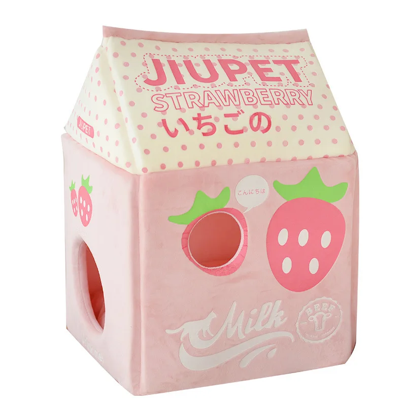 

Strawberry Milk Box Design Cat Nest Enclosed Pets House Dog Windproof Vila Removable Washable Pet Cushion