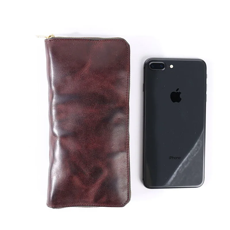 

Original hand-made plant-tanned leather long purse made of old vintage pleated leather men's purse large capacity wallet