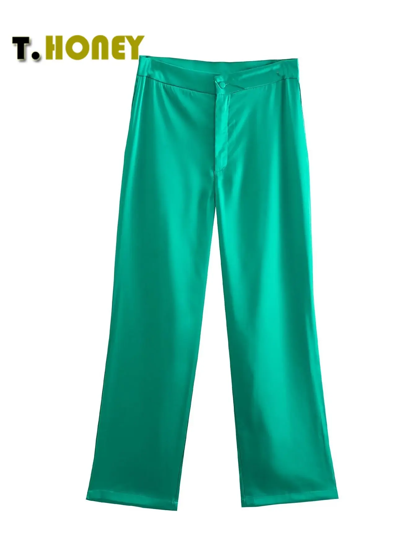

Women Fashion Satin Pants With Front Zipper Vintage High Waist Office Lady Leisure Basic Solid Trousers Female Chic
