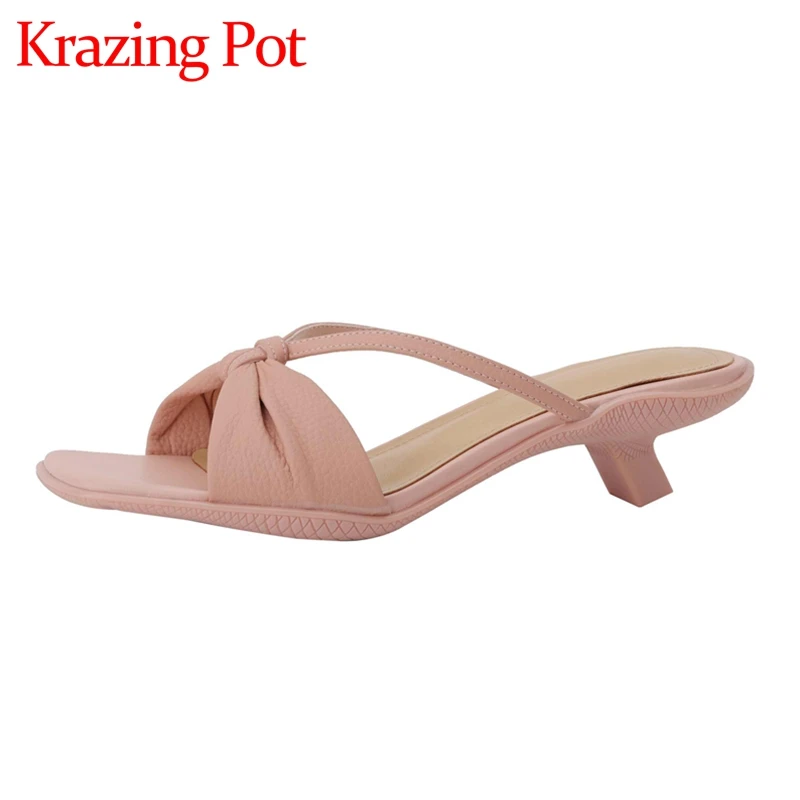 

Krazing Pot Genuine Leather Peep Toe Med Heel Mules Knotted Decoration Beauty Lady Streetwear Fashion Solid Women Sandals L30