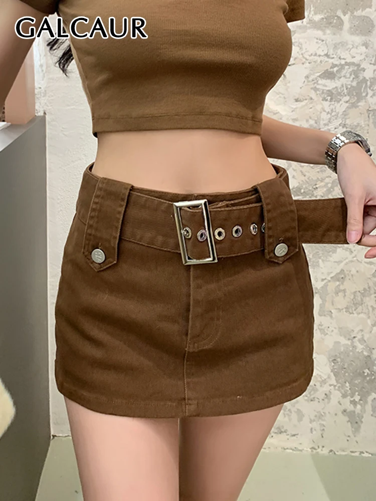 

GALCAUR Bodycon Denim Skirts For Women High Waist Patchwork Belt Folds Solid A Line Slim Sexy Mini Skirt Female Summer Clothing