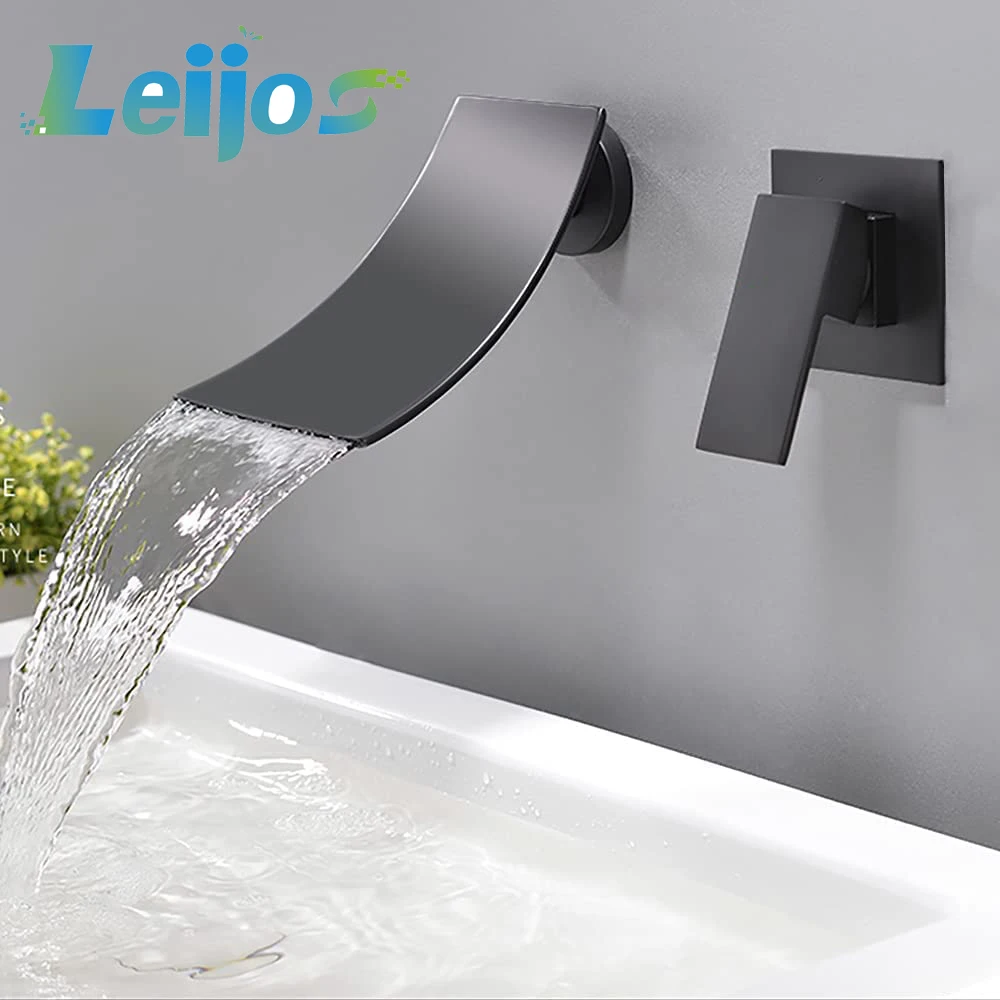 

Single Handle Wall-Mounted Bathroom Basin Faucte Mixer Tap with Waterfall Extra Wide Spout Concealed Tap One Handle Black/Chrome