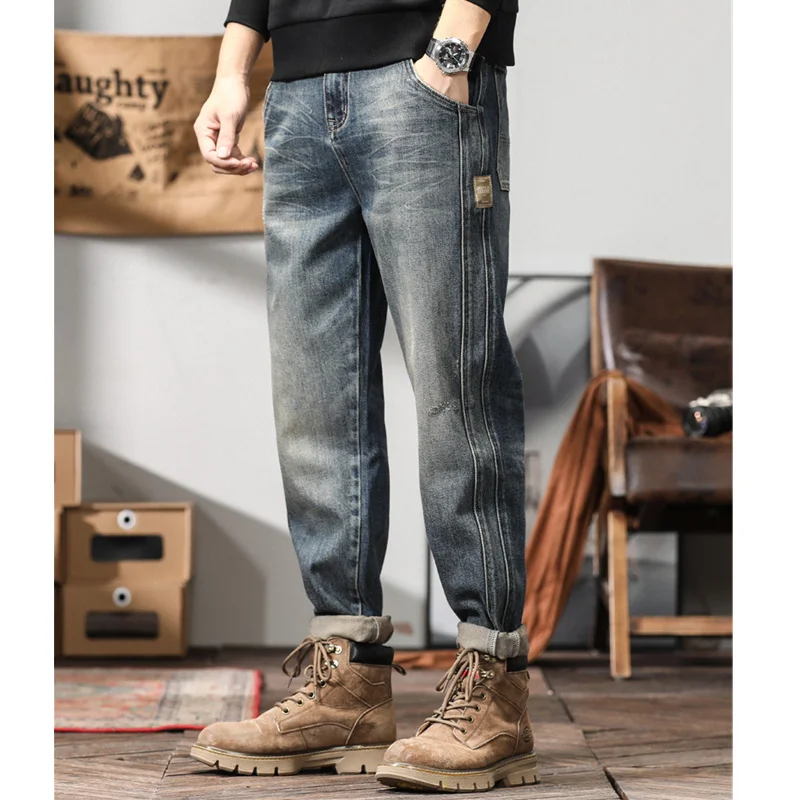 Streetwear Men American Vintage Loose Blue Jeans 2022 Autumn and Winter New Pattern Fashion Straight Cylinder Trousers Female
