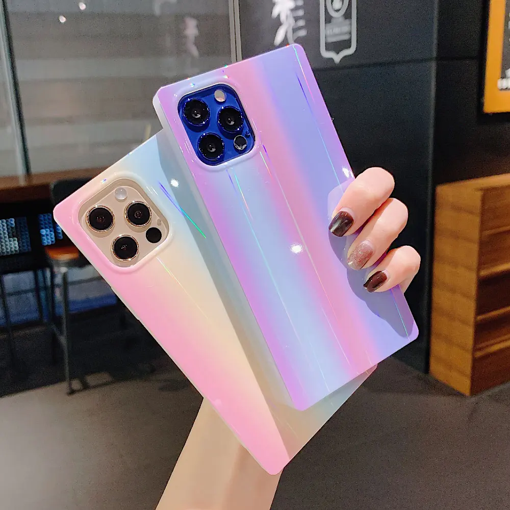 

Rainbow Laser Square Phone Case For iPhone 12 Mini 12pro 11pro 13promax Soft Back Cover For iphone 11 Protective Coque Capa