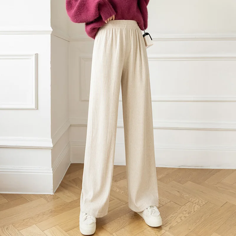 

Knit Stripe Rabbit Wide Leg Trousers 2021 High Waist Slimming Down Style Thick Straight Tube Casual Trousers Streetwear Women