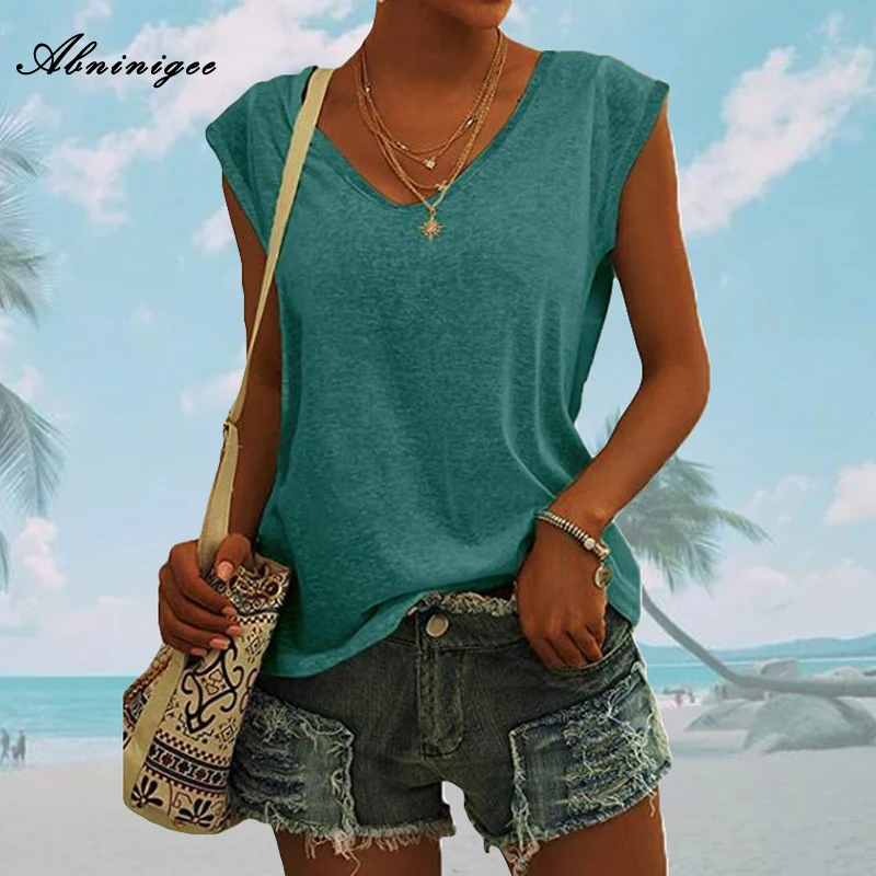

Tank Top Women Casual V Neck Cap Sleeve Shirts High Quantity Summer Loose Fashion Fit Basic Solid Color Tank Tops 2021