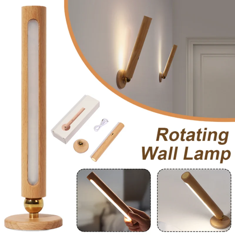 

360° Rotatable Wooden LED Wall Lamp - Magnetic Detachable & Stepless Dimming Rechargeable Wall Light