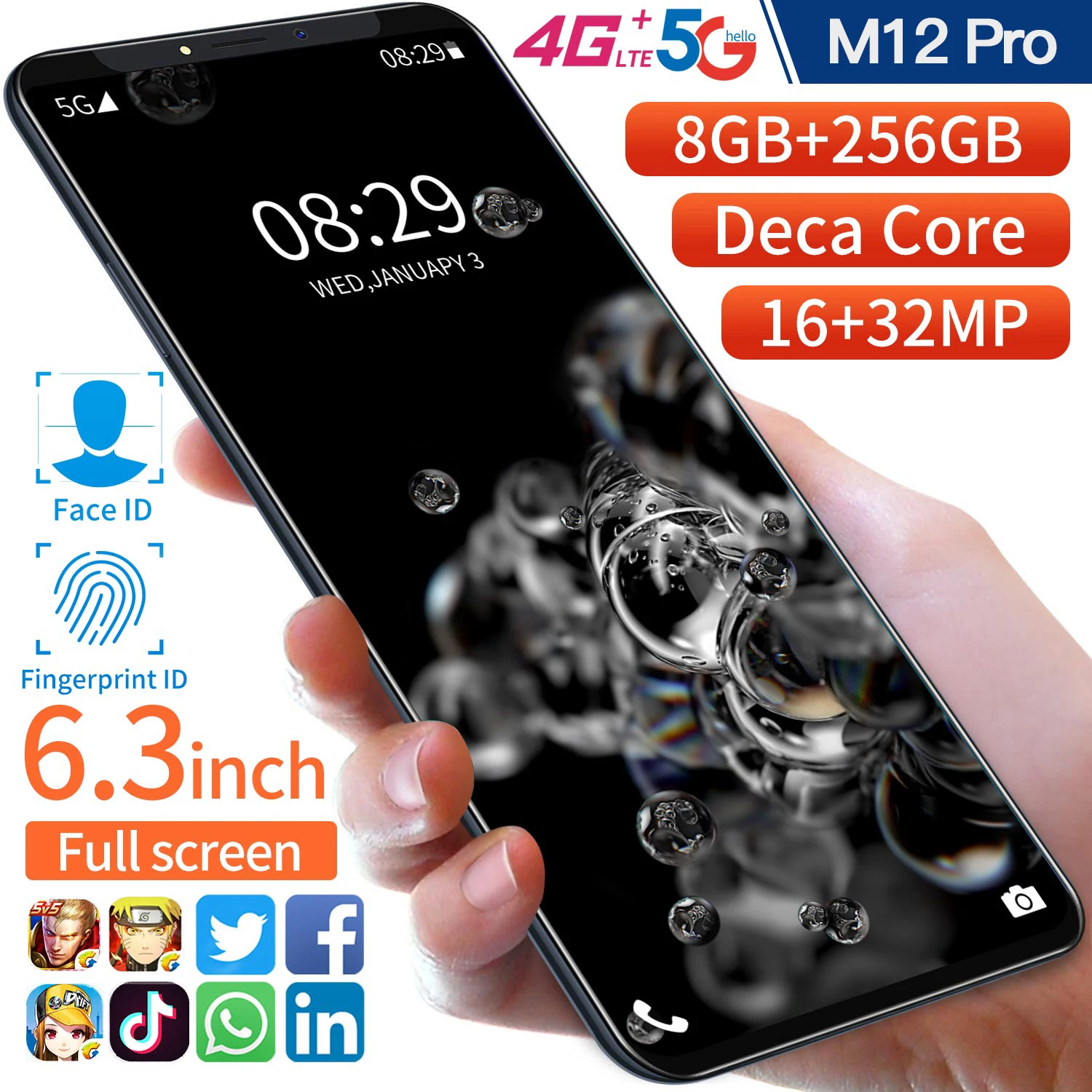 Смартфон глобальная версия M12 Pro, HD экран 6,3 дюйма, 8 + 256 ГБ, 16 + 32 Мп