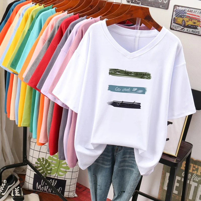 DAYIFUN 100% Cotton Plus Size T Shirt L-6XL Tshirt Short Sleeve Women Summer Print Big Size Casual V Neck Oversized T Shirts